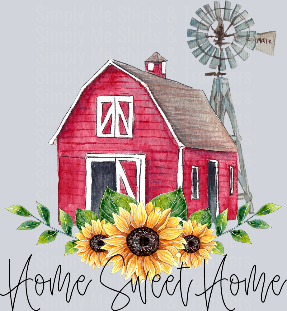home sweet home red barn windmill sunflowers