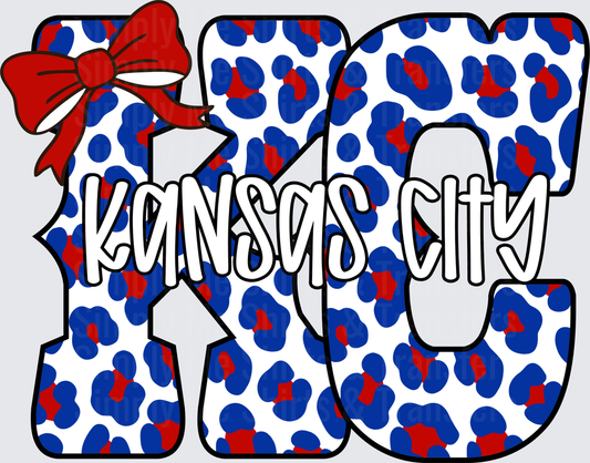 Kansas City KC Letters with Red Bow and Leopard Print Pattern